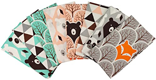 8 x Patchwork Stoffe aus Baumwolle, 50 x 40 cm, Verschiedene Geometrische, Winter und Tier Motive, in grau, türkis und rosa