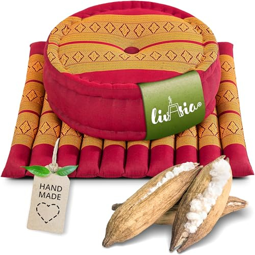 livasia Meditationsset L - Ø 38x15cm / Matte 50x50x4,5cm - Yogaset mit Kissen und Matte, Pouf, Yogamatte und Yogakissen mit Kapok handgefertigt, Bodenkissen Outdoor, Zafukissen