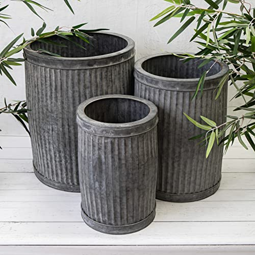 Annibells Vintage Ribbed Round Metal Garden Dolly Tub Planters SIL (Set of 3)