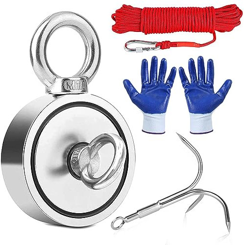 Magnetfischen Set 440KG Doppelseitig Ösenmagnet N52 Starker Magnet Ø67 mm Angelmagnet mit 20 m Seil Handschuhe Suchanker Neodym Magnet für Magnetangeln, Bergung im Fluss
