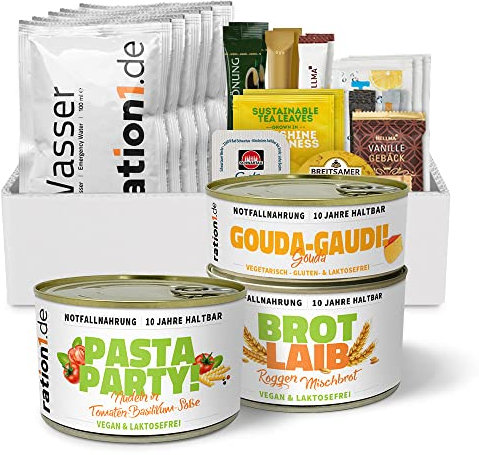 ration1 Langzeit EPa Nudeln in Tomaten-Basilikum Soße, vegan & laktosefrei, Premium Tagesration, Einmannpackung wie EPA Bundeswehr, Konserven (Fertiggericht Gouda Dosenbrot) & Wasser 10 Jahre haltbar