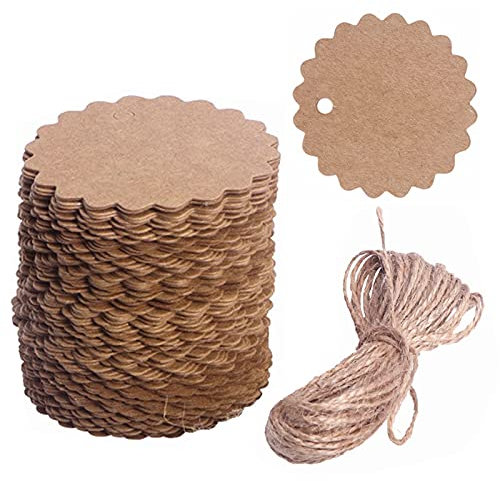 Tomodoks Geschenkanhänger (6 x 6 cm) aus braunem Kraftpapier, runde Form, mit 10 m Juteschnur für Kunst und Handwerk, Gepäcketikett, Hochzeiten, Valentinstag und Weihnachten, 100 Stück