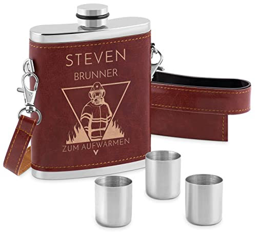 Maverton Flachmann mit Gravur - personalisiert - 250 ml - 3x10 ml Becher - aus Edelstahl - Ledertasche mit Riemen - Geburtstagsgeschenk für Männer - Farbe: Silber/Braun - Feuer
