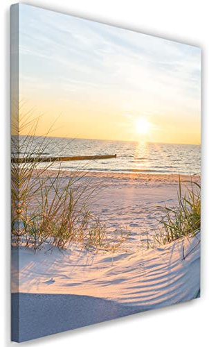 Feeby Vlies Leinwandbild Ozean Strand Wellenbrecher Dünen 40x60 cm Wanddeko Design Kunstdruck Zimmerdeko Bilderwand Sonne Sand Gras Meer Beige