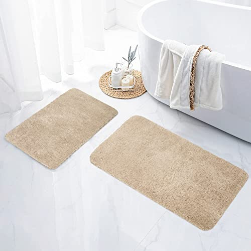 Homaxy Badezimmerteppich Set 2 teilig Badematte rutschfest Waschbar Weiche Hochflor Badteppich Flauschige Mikrofaser Badvorleger Set – 41 x 61 cm + 51 x 76 cm, Beige