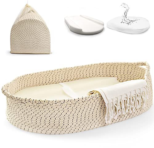 J&JOO Baby Wickelkorb - Abwischbare, wasserdichte Auflage Abdeckung mit erhöhtem seitlichem Schaumstoffpolster, eingebautem Sicherheitsgurt, handgefertigt, Moseskorb Wickeltischauflage Wickelauflage