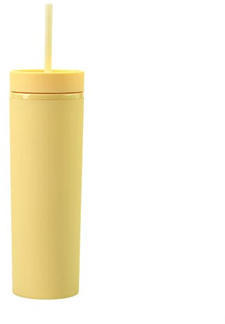 Bulckrew Becher mit Strohhalm und Deckel, 450ml Strohbecher Doppelwandige Acryl Trinkbecher Matt Wasserbecher, Gelb