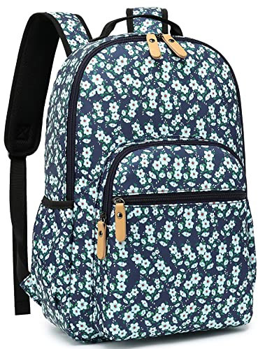Leaper Water-resistant Floral Laptop Backpack Travel Bag Bookbags Satchel (Dark Blue-White Flower2)
