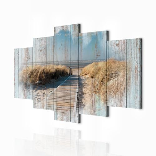 decomonkey Impression sur Toile Plage Paysage Mer 150x75 5 Pièces | Tableau decoration murale, Déco Salon, Peinture sur Toile, Bois paysage été mer nature paysage plage fond vintage eau