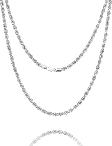 925 Sterling Silver Lobster Clasp 3mm Diamond Cut Rope Chain Necklace for Women Mens Silver Necklace Chain 16-30 Inches, 18, Stainless Steel, No Gemstone