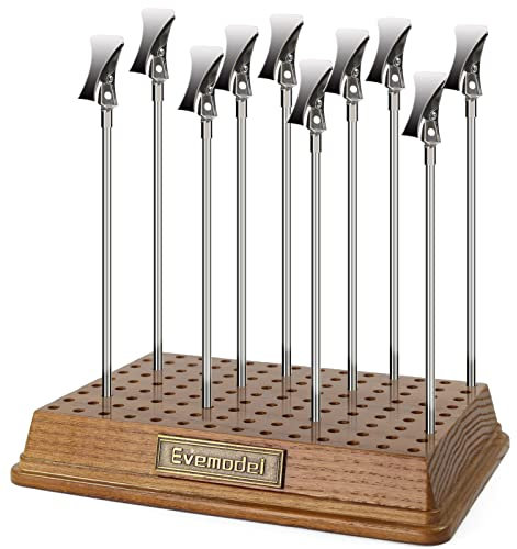 Evemodel 1 Set Wooden Paint Stand with Colour 10 Pieces Clips Model Making Painting Stand Modelling for Crafts and Decorating (Large Base & Steel Flush Clip)