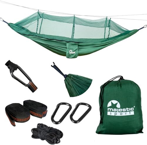 MAJESTIC SPORT Camping Hängematte Outdoor mit Moskitonetz, Leichte Nylon 210T Camping Reisehängematte 250 kg260x140 cm, tragbar für Ausflüge in die Berge in den Wald, Grün