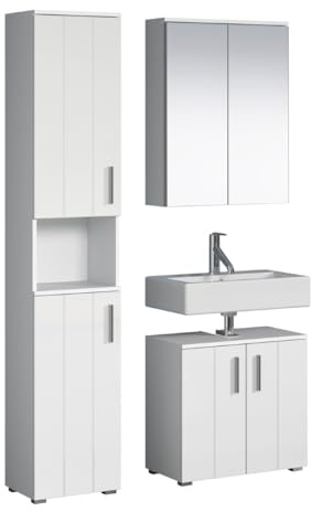trendteam smart living - Wons - Badmöbel-Set (Hochschrank + Waschbeckenunterschrank + Spiegelschrank) - Weiß/Weiß Hochglanz - (BxHxT) 112 x 192 x 32 cm - silberfarbene Griffe - kratzfest