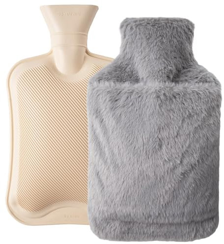 AGAKY Bouteille d'eau Chaude, 2L Bouillotte avec Housse en Peluche Douce, Caoutchouc Naturel Bouillotte pour Soulager les Douleurs du Dos et Des épaules, Thérapies Chaudes et Froides