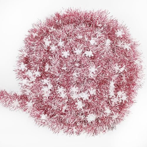 KKSTY Rose Gold Christmas Snowflake Tinsel Garland, 32.8ft(10M) Long and Thick Metallic Twist Tinsel Garlands for Christmas Tree Decoration Winter Holiday New Year Party Supplies