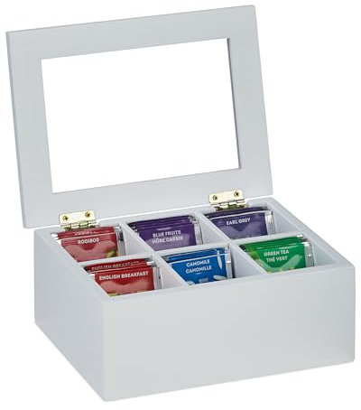 Relaxdays Blanca Caja de Té, 6 Compartimentos, Bambú, 9x21,5x16 cm, para Infusiones y Cápsulas de Café, con Tapa