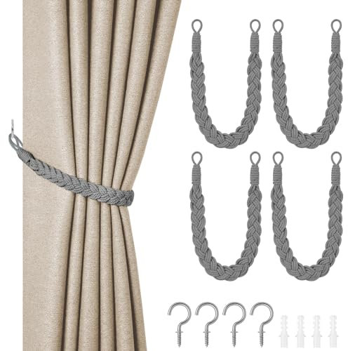 HOTUT Vorhang Raffhalter, 4 Stück Curtain Rope Buckle, Handgestrickte Vorhang-Raffhalter, Vorhangbinder, Gardinen Raffhalter für Haus Office, Wohnzimmer, Schlafzimmer-Grau