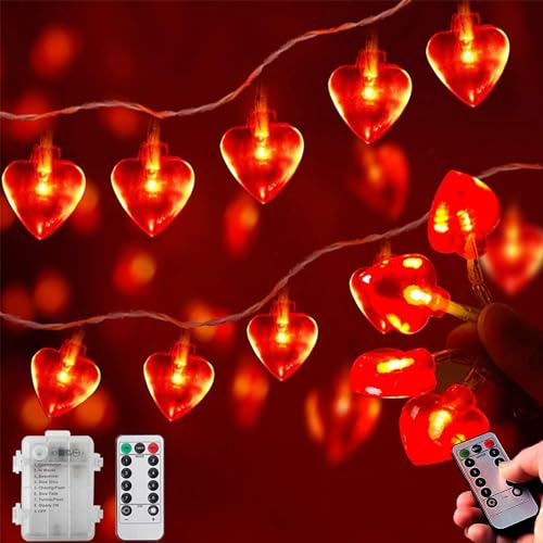 DWTECH 6m 40 LED Heart Shaped String Lights - Romantic Decorations,Valentines Day Anniversary Engagement Wedding Mothers Day Decorations,Battery Powered Light for Home Bedroom Party Decor