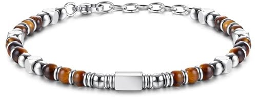 LOLIAS Tigerauge Perlenarmband Damen Edelstein Armbänder Herren Silber Edelstahl Perlenarmbänder Beste Freundin Damen Geschenke Schmuck Armband Silber 4MM