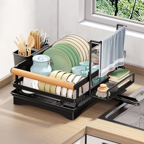 Wotendy Escurridor de Platos con Bandeja de Goteo, Escurreplatos de Cocina Acero Inoxidable, Scurridor de Platos con Asas de Madera con Bandeja Goteo y Soporte para Cubiertos
