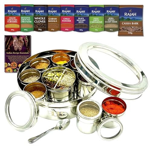 Bub : Grande boîte à épices Masala Dabba de qualité supérieure de 22 cm | 9 pots à épices avec couvercles individuels | Ensemble d'épices Rajah et livre de recettes | Cuillère et couvercles en