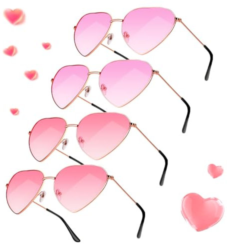 RISVOWO 4 Paar Herz Sonnenbrille, Metallrahmen Retro Sonnenbrille, Sonnenbrillen Damen, Party Brille Rosa für Herren Damen 80er 90er Party Hippie Chic, Fasching Foto Requisiten Geburtstagsfeier