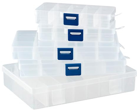 DSM-Verbindungstechnik Set aus 5 Sortierboxen mit verstellbaren Fächern aus Kunststoff | Aufbewahrungsbox Organizer Sortimentskasten Perlenbox | 2 Boxen 10 Fächer, 2 Boxen 15 Fächer, 1 Box 24 Fächer
