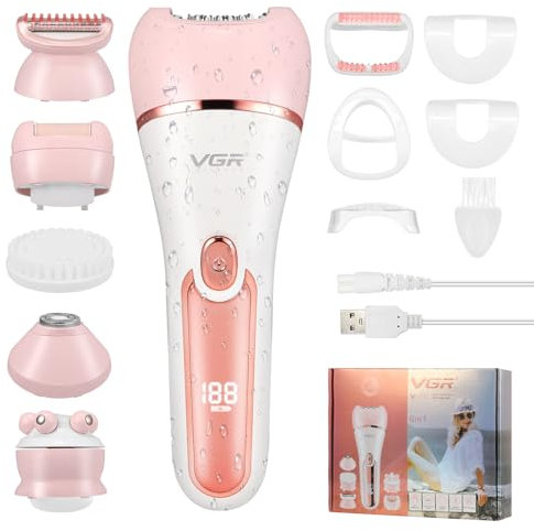 Elektrischer Epilierer für Damen, 6-in-1 Epilierer für Frauen Kabelloser, Wiederaufladbares LED-Display, Nass- und Trocken-Gesichtsepilierer mit Peelingbürste, Reinigungsbürste, Massagekopf (Rosa)