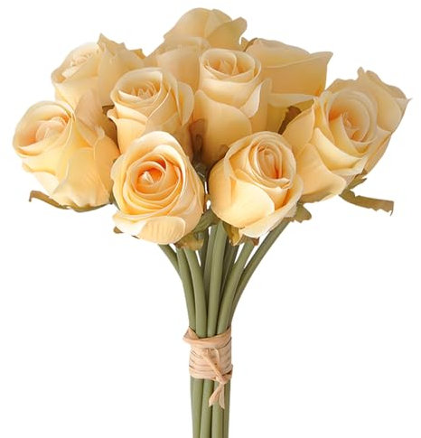 Driflo 12pcs Artificial Roses Mix Fake Flowers Rose Floral for Wedding Bouquet Realistic Artificial Flower with Single Long Stem for Bedroom Home Hotel Party Arrangment Decoration (Yellow)