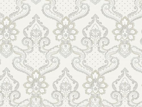 Galerie Opulence Collection Cream/Beige/Grey Italian Damask Vinyl on Non-Woven Glitter/Shimmer Wallpaper Roll Double Width