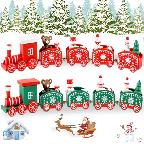 ZQEJEFD Treno di Natale in Legno, 2PCS Decorazione di Natale Legno Treno, Trenino Legno Natalizio con 4 Carrozze, per Decorazioni Albero di Natale Partito Tavola Regalo Decorazione (Rosso + Verde)