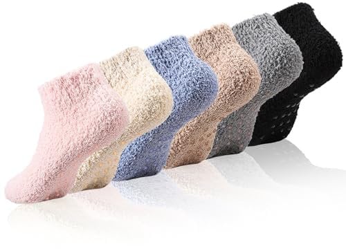 Candcamp 6 Pairs Slipper Fluffy Socks for Women,Low Cut Non Slip Soft Thermal Fuzzy Bed Slippers Socks with Anti-slip Grain for House Floor Bed(beige, black, khaki, blue, pink, grey)