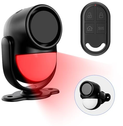PANACARE Sensore di Movimento Allarme 125dB Sensore di Movimento Rilevatore di Sicurezza a Infrarossi Wireless per Interni con Telecomando/Batterie/110°Angolo/2 Suoni per Casa/Capanno/Garage (Black)