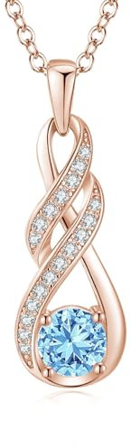 LOCIBLO March Birthstone Necklaces for Women 925 Sterling Silver Infinity Pendant 18K Rose Gold Plated Blue Synthetic Aquamarine Necklace Jewellery for Her, 16+2