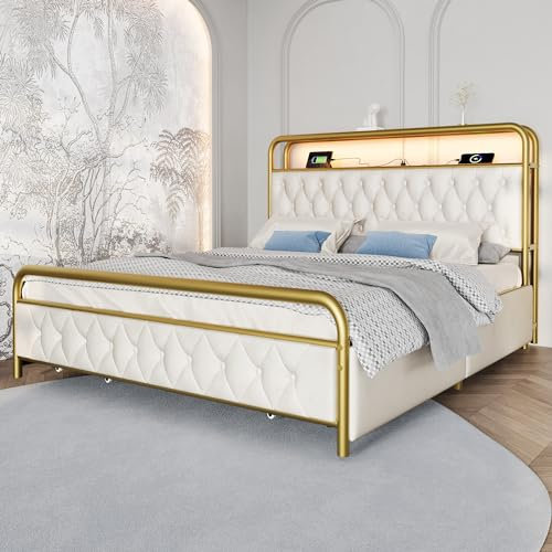 RanRan Polsterbett Doppelbett mit Aufladen USB Type C Ladefunktion APP-Control LED Bettgestell Metallbett Bettrahmen und 4 Schubladen, Samt (Ohne Matratze) (Weiβ, 160x200cm)