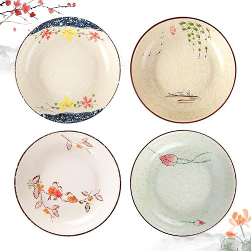 clothmile Japanische Retro-Keramik-Speiseteller, 17,8 cm, Set mit 4 Tellern im japanischen Stil, asiatische chinesische Teller für Müsli, Suppe, Dessert, Snack, Obst, Salsa für Weihnachtsferien
