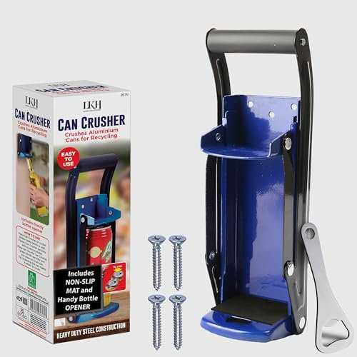LKH Can Crusher & Bottle Opener 16oz/500ml - Heavy Duty 2 in 1 Soda Beer Can Crusher for Recycling Wall Mounted - Manual Tin Crusher with Bottle Opener Soft Grip Handle Durable (Blue with Opener)