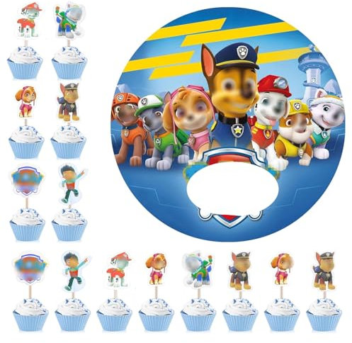 Cartoon Dog Tortenaufleger Foto + 24 Cupcake Toppers, Tortendeko Geburtstag für Kinder, Fondantpapier für Junge Mädchen, Esspapier Tortendeko, Kuchen Deko