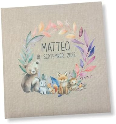 Tenii® Fotoalbum personalisiert Baby, Kind Kranz Waldtiere Leinen, Erinnerungsalbum (25x25cm - 60 Seiten) (30x31cm - 60 Seiten)