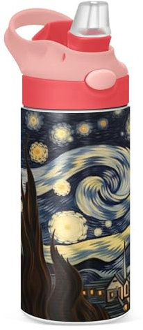Sevdomey Van Gogh's Starry Sky Bouteille d'eau pour enfants filles garçons en acier inoxydable isotherme anti-fuite 350 ml avec paille pour école, crèche, voyage, sport