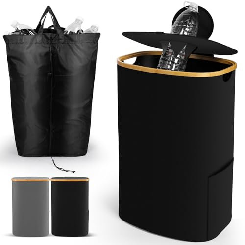 SOUTHGATE Botellas de Depósito de 100L, Cubo Basura Reciclaje con Tapa, Almacenamiento [incluye bolsa Interior Lavable], Colector de Botellas para Cocina con Bolsillos Laterales, Negro