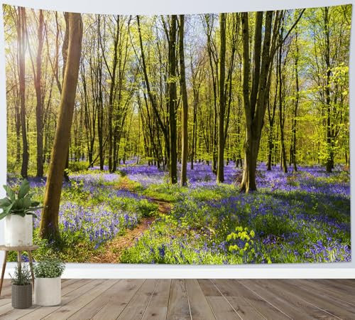 LB Wandteppich Grüner Wald Wandtuch Bäume Lavendel Blumen Pflanzen Wandbehang Frühling Sommer Natur Berglandschaft Tapisserie für Wohnzimmer Schlafzimmer Wohnheim Wanddeko,150x100cm