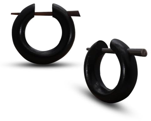 Soul-Cats Kleine zarte Holzohrringe mit natürlichem Horn Handgefertigte Holzcreolen Unikat Naturholz schwarz braun, Modell 3