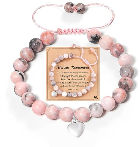 chunyuwen Rosa Naturstein-Armband， Armband mit süßem Herzanhänger und NachrichtenkarteGeburtstagsgeschenke für Mädchen