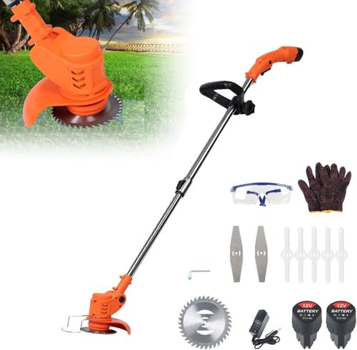 HshDUti Cordless Strimmer Adjustable Garden Strimmer 2x2.0mAh Battery Strimmer with 3 Metal Blades 5 Plastic Blades Electric Strimmer, Grass Trimmer for Yard, Garden, Sidewalk Edges Orange