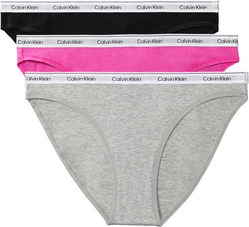 Calvin Klein Damen 3er Pack Slips Bikini Form mit Logobund, Mehrfarbig (Black/Grey Heather/Stunning Orchid), M