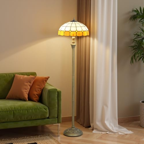 HOMCOM Tiffany-Style Floor Lamp Glass Shade 152cm Tall Bronze Tone/Orange | Handcrafted Stained Glass, Vintage Standing Lamp, Foot Switch, Dual Sockets, Living Room Bedroom