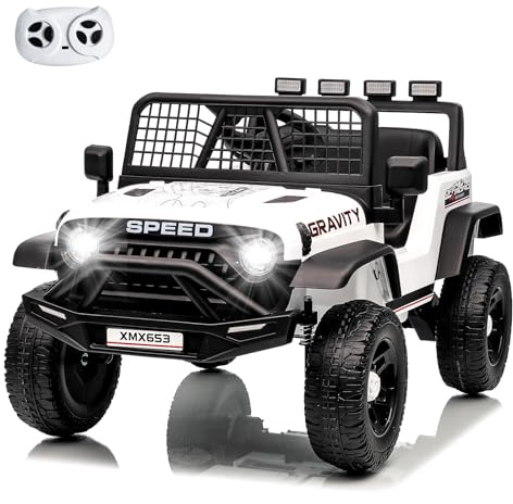 MoraRise 12V Kids Electric Ride on Car with Remote Control, Battery Powered Off-road Truck with Dual 45W Motors, FM Radio, Story Mode, Music, USB, LED Lights, Vehicle Toy for Boys Girls (White)