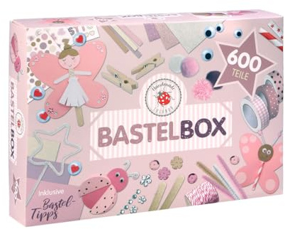 Lulubug Bastelset Kinder, 600 Teile | mit Perlen, Glitzer-Pompons, Bastelpapier, Washi Tape, Sticker uvm | Bastelkoffer mit Bastelanleitung | Bastelbox für Mädchen & Jungen | DIY Scrapbook | Boho