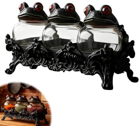Witchy Frog Apothecary Spice Jars Set Of 3, Handcrafted Frog Spice Jar Set for Salt Pepper and Herbs,2026 Unique Vintage Jars with Frog Lids, Gothic Food Storage Containers Figurine for Tea Leaves